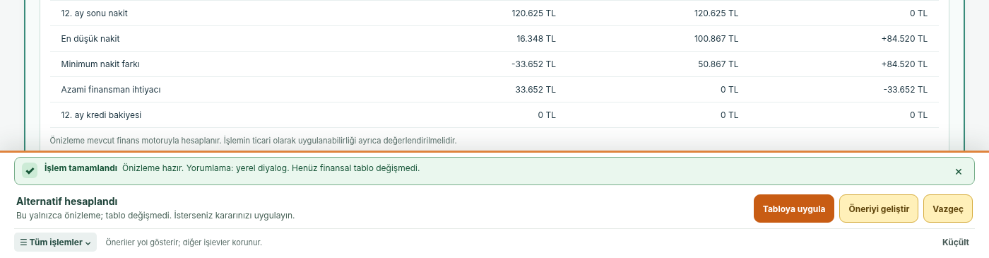 v0.9.11 kontrol ortamında alt eylem çubuğunun turuncu ana düğme, sarı ikincil seçenekler ve renkli bilgilendirme mesajıyla görünümü